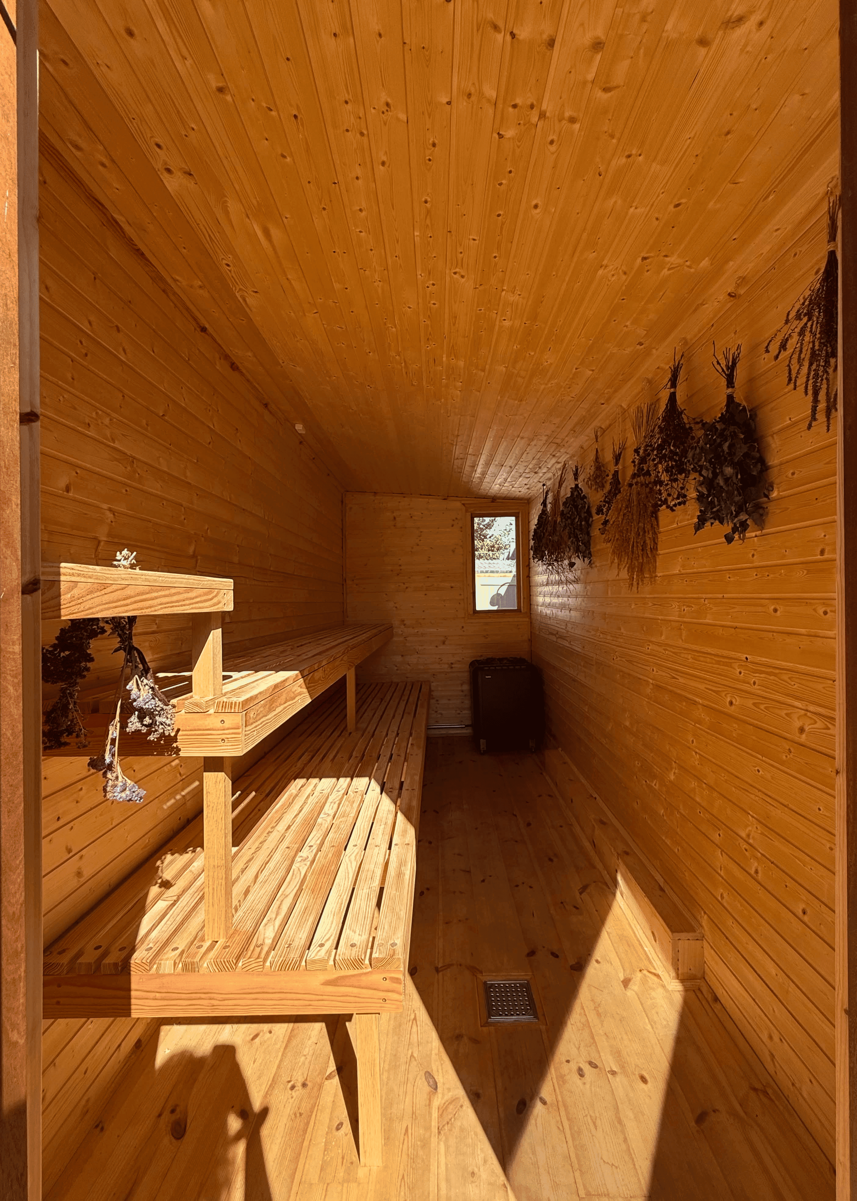 Inside our wooden sauna.